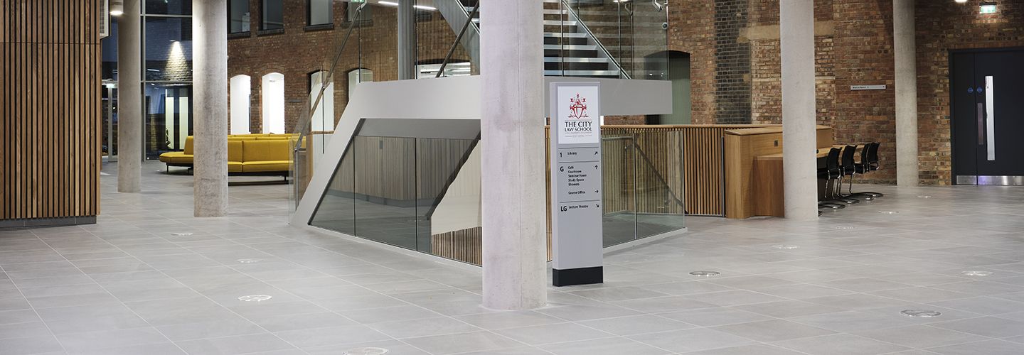 The foyer of the new City Law School building completed in 2020 and located on Sebastian Street and Goswell Road.