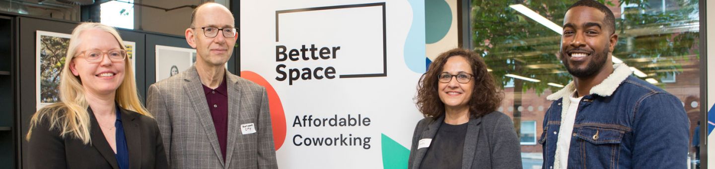 Picture of Catherine McClen (BuddyHub); Professor Anthony Finkelstein (City, University of London); Cllr Asima Shaikh (Islington Council) and Joel Davis (Tutors United) at the launch of Better Space affordable workpace