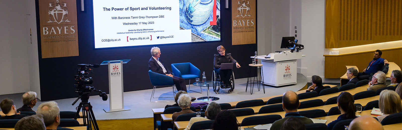 Dr Justin Davis Smith, Baroness Tanni Grey-Thompson and Alex Skailes at the CCE Charity Talk 'The power of sport and volunteering' event'