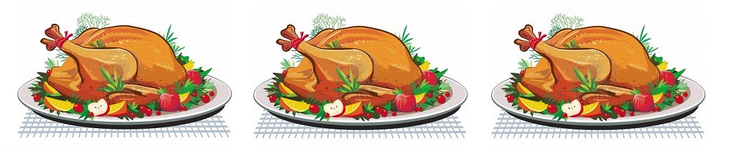 Cartoon of painted Christmas turkey with fruit on a plate
