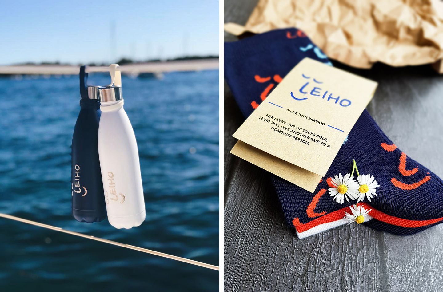 Leiho branded white and blue water bottles and colourful socks