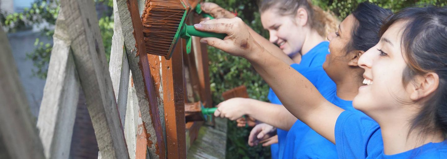 Student volunteers smiling whilst painting a fence