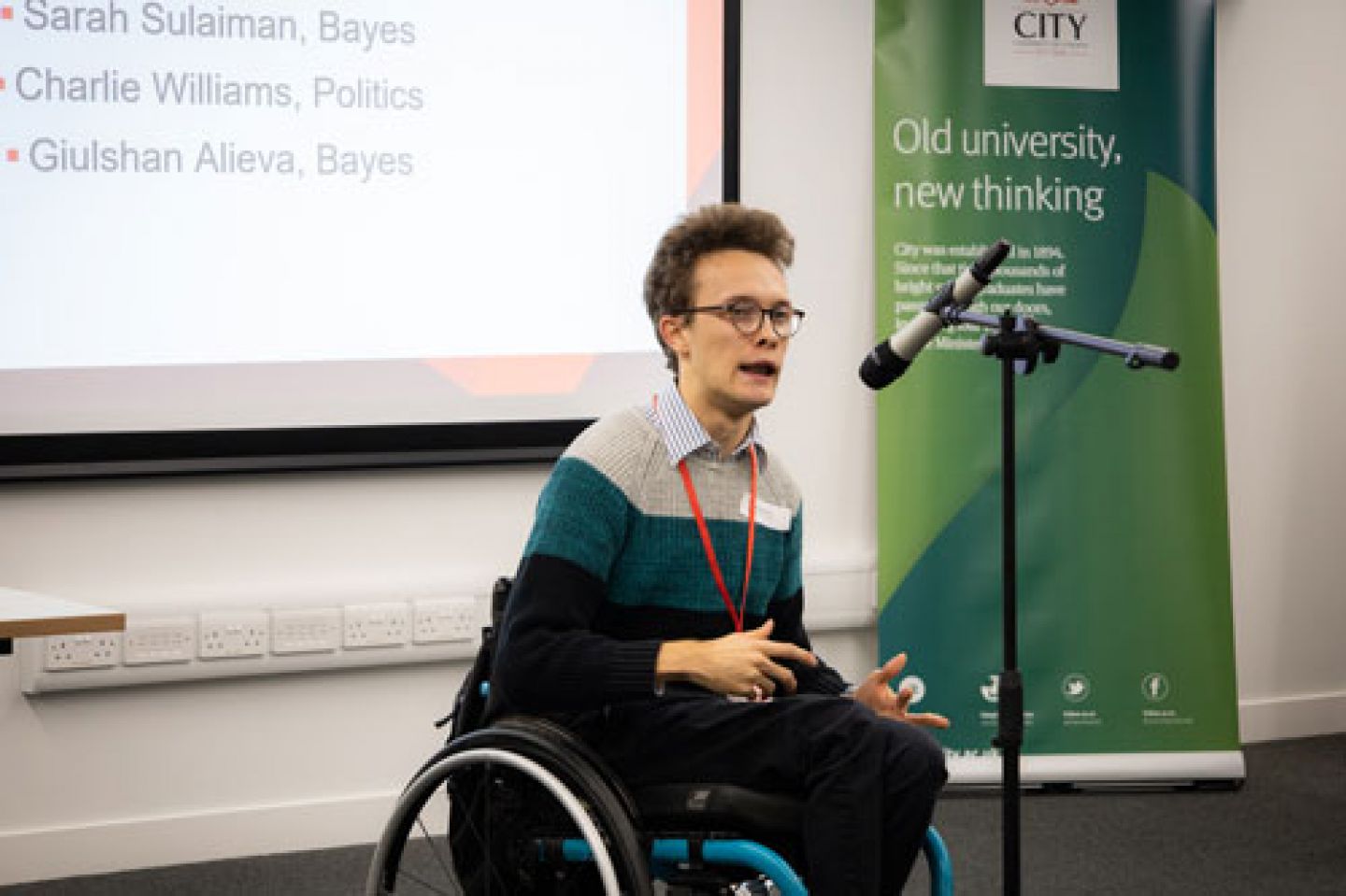 Student speaker and wheelchair user Charlie Williams delivers his speech