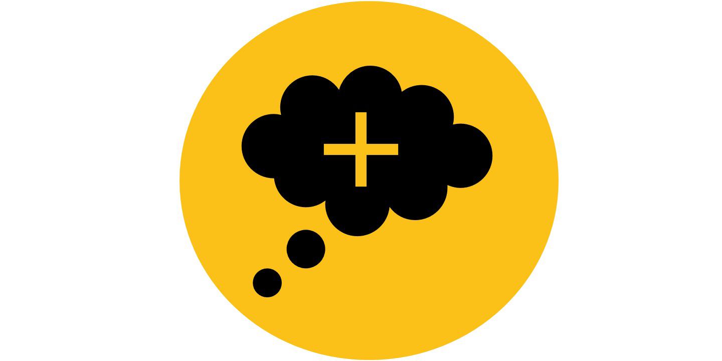 Black thought bubble with a yellow plus symbol in the centre, on a yellow circle background.