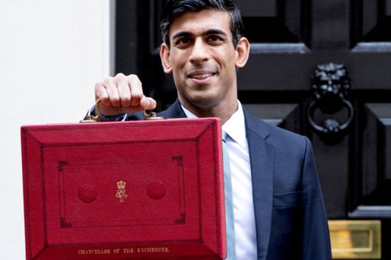 Chancellor Rishi Sunak holding the red Budget briefcase outside 10 Downing St