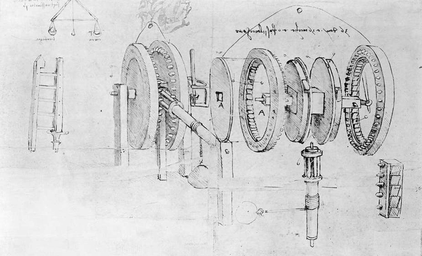 Notebook of Leonardo Da Vinci showing a geared device.