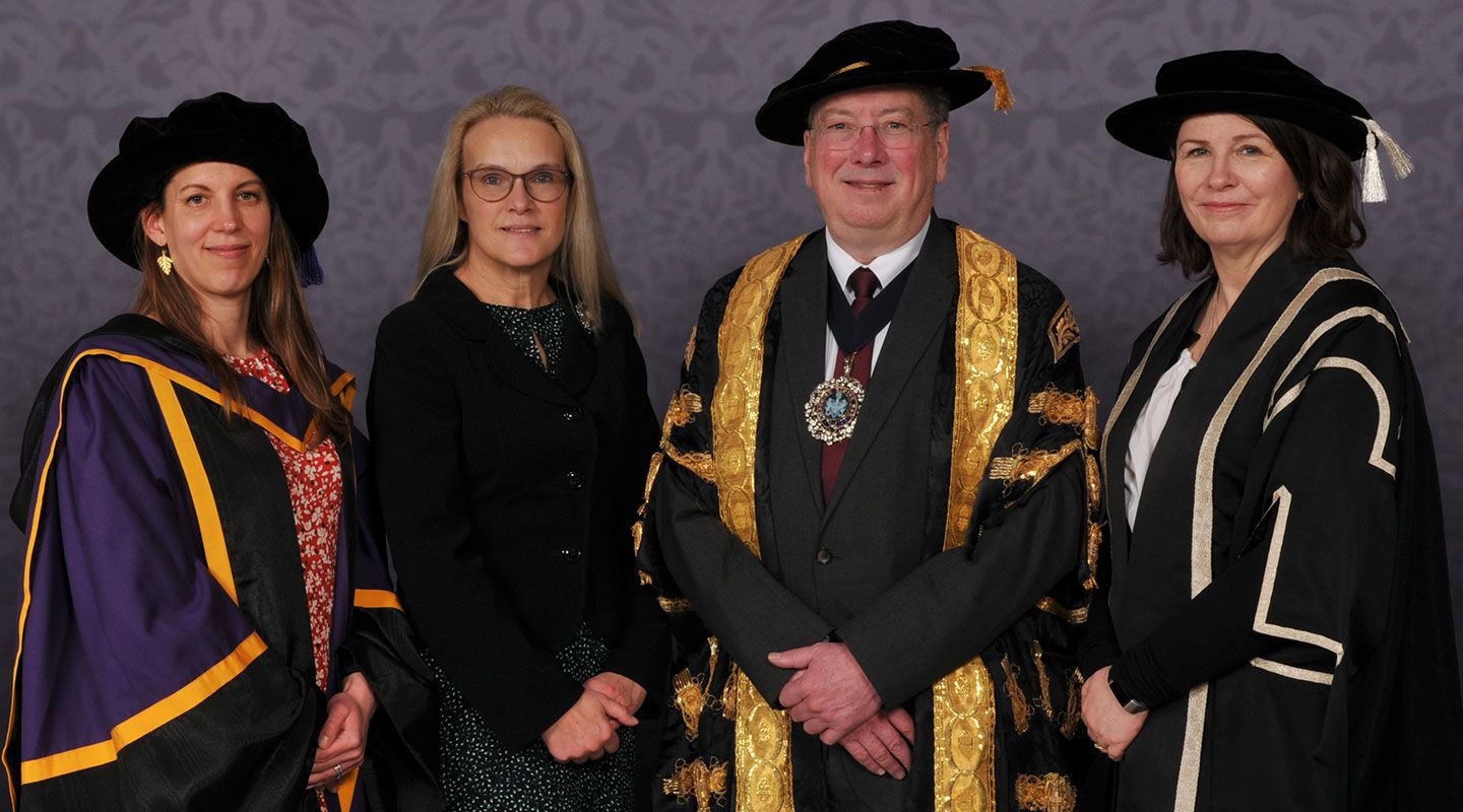 Formal portrait of the Professor Katrin Hohl, the Lady Mayoress, the Lord Mayor and Dr Sionade Robinson in their formal academic wear.