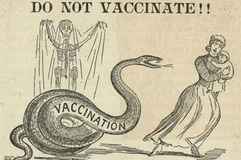 Image of a woman holding a baby and trying to run away. She is running from a large snake with the word 'Vaccination' on its body. Behind the snake is a skeleton holding its arms up like a mummy. To the top of the sketching are the words 'Do not vaccinate!!' in capitals