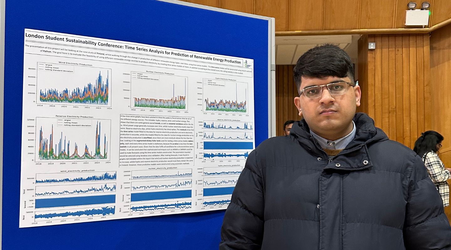 Student Murad stands next to a poster pinned to a blue board and looks to camera. His poster is covered in different graphs and with text.