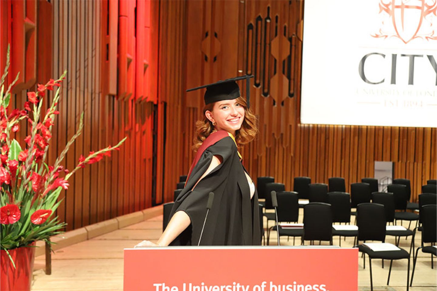 Student speaker Sabrina Fuchs at her graduation ceremony in the Barbican Centre