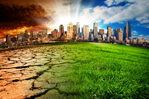 A blended image showing the effects of climate shange on a city skyline and bordering grasslands.