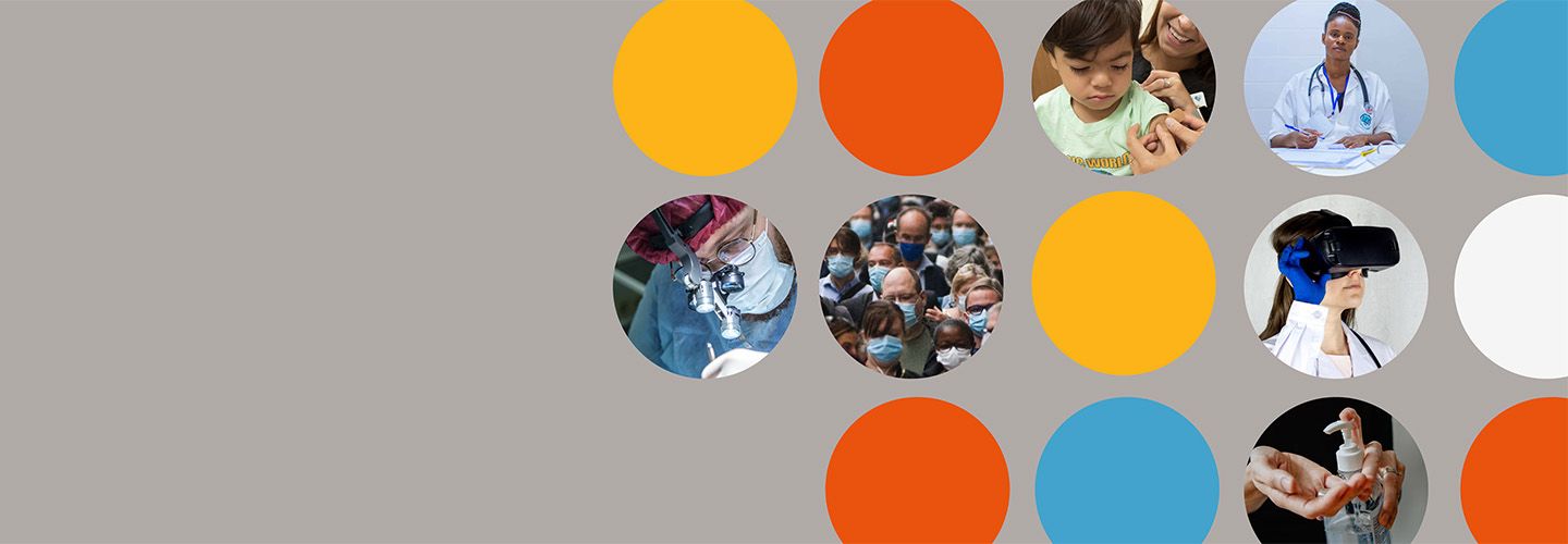 Orange, yellow and blue circles on a khaki background, with circle inset images of various healthcare related activities - including people wearing masks, using a VR headset, giving a child an injection.