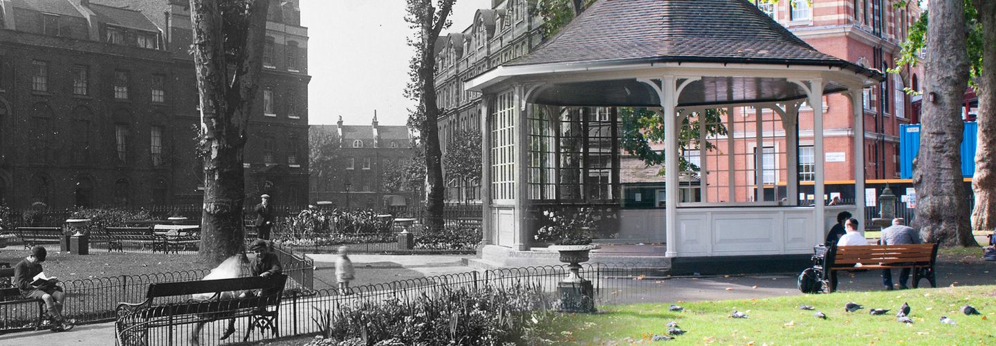 Black and white photograph of the Northampton square bandstand dated in early 1900s merging with a colourful photograph of the bandstand in 2011