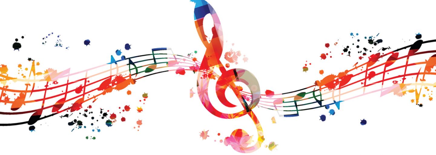 A colourful musical note graphic on white background