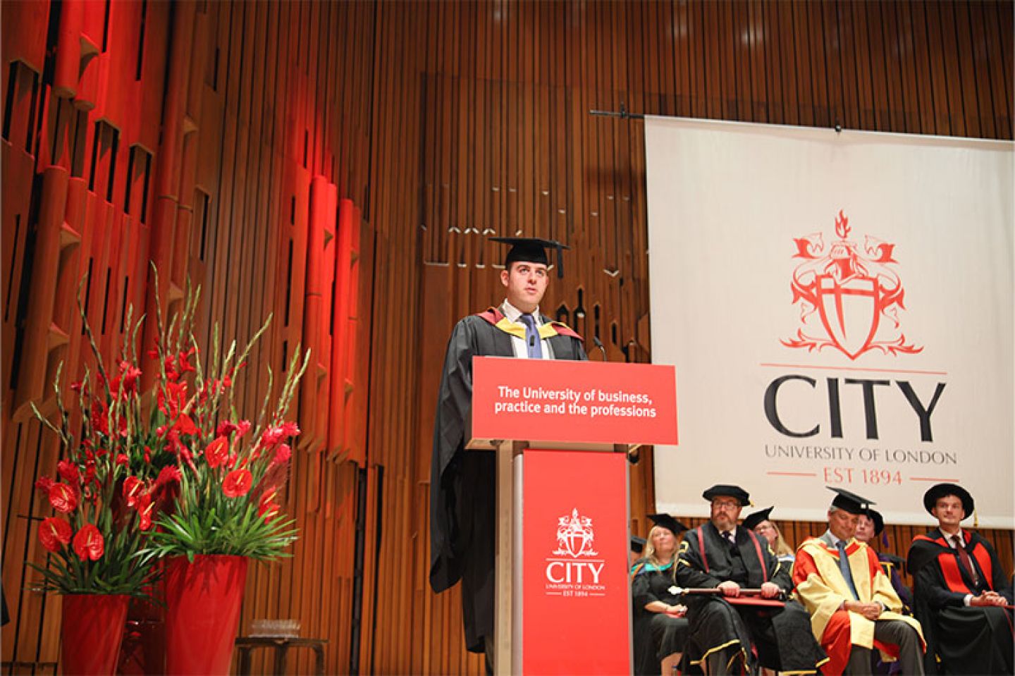 Student speaker Liam Schaechter addresses fellow graduates at his graduation ceremony.