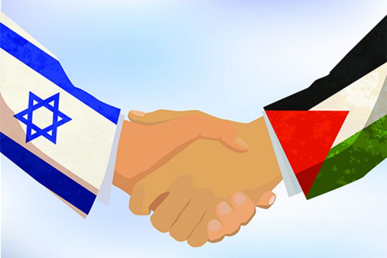 Cartoon of handshake between Israel and Palestine.