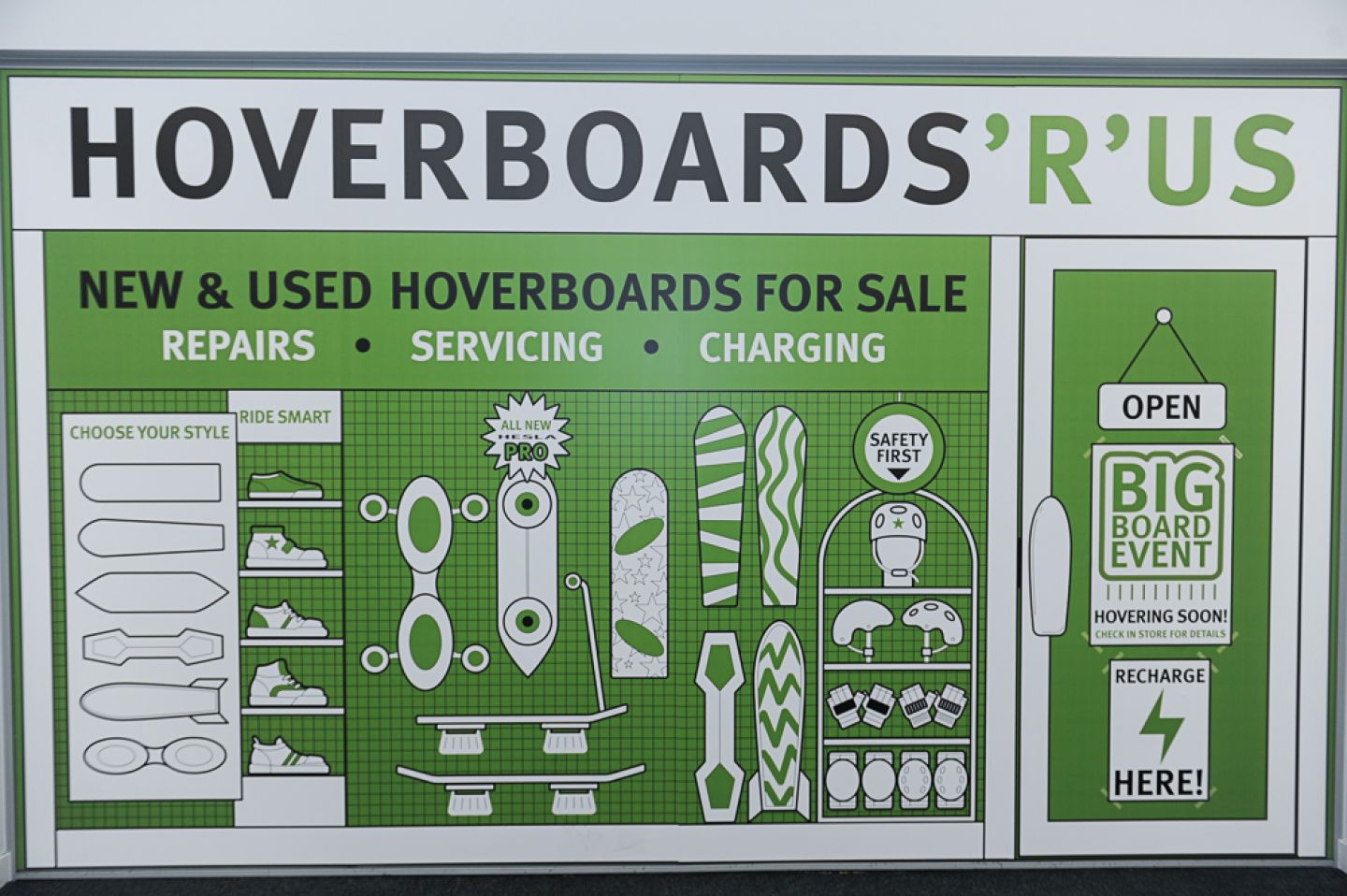 Sign at City Starters weekend: hoverboards 'r' us new and used hoverboards for sale, repairs, servicing, charging.