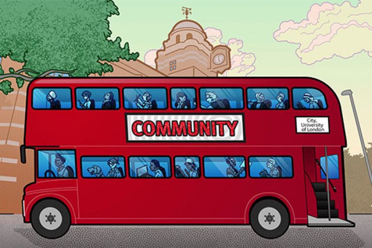 A cartoon of a red bus in front of City's campus with the word 'Community' on the side