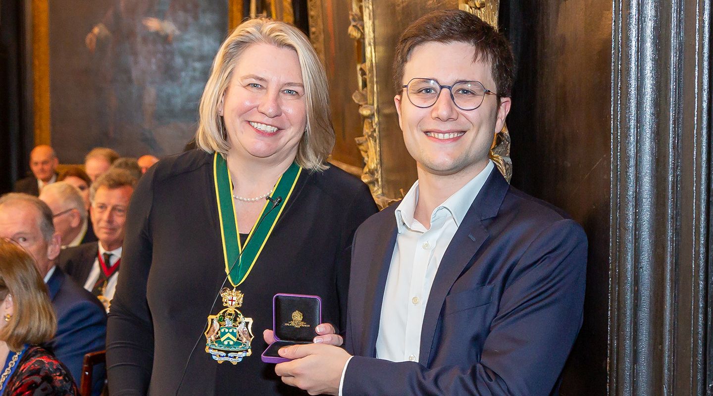 Master of the Worshipful Company of Spectaclemakers, Liz Shilling, with Dr Giovanni Montesano at Apothecaries' Hall