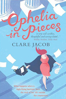 Campaspe Lloyd Jacob Ophelia in pieces, book cover features a woman walking down steps with papers spilling out of her open briefcase