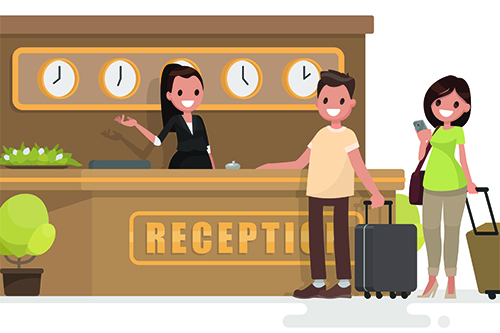Cartoon of man and a woman checking into hotel