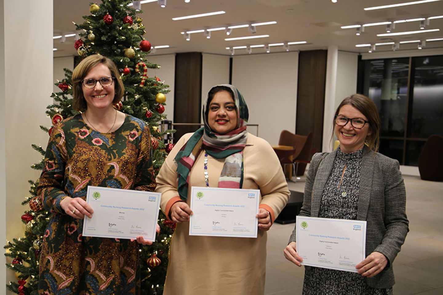Community Nursing Research Award winner, Eleanor Willis (left), with Highly Commended Award winners, Alis Rasul (centre) and Rowan Waring (right).