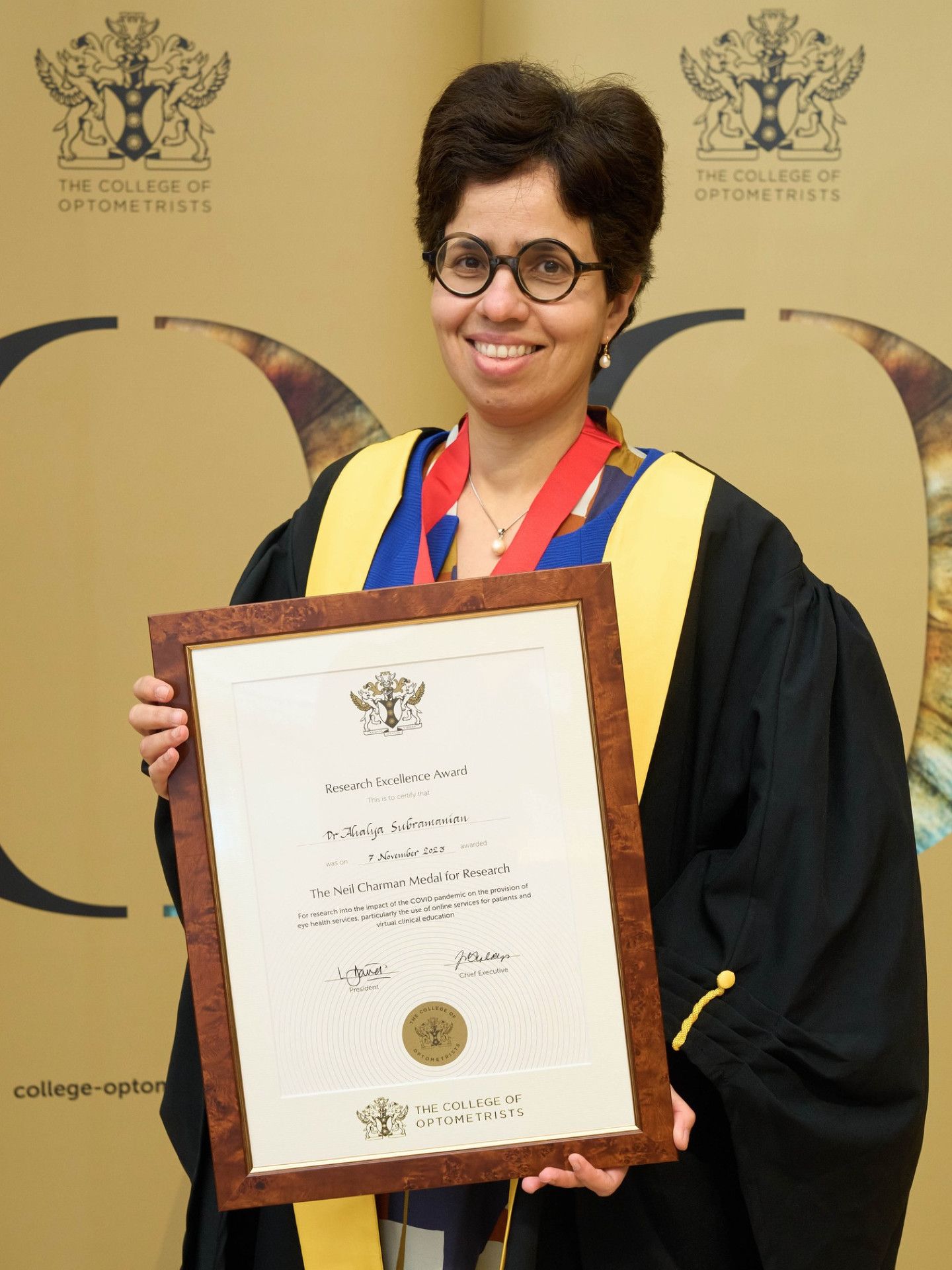 Dr Ahalya Subramanian receives the Neil Charman Medal for her research.