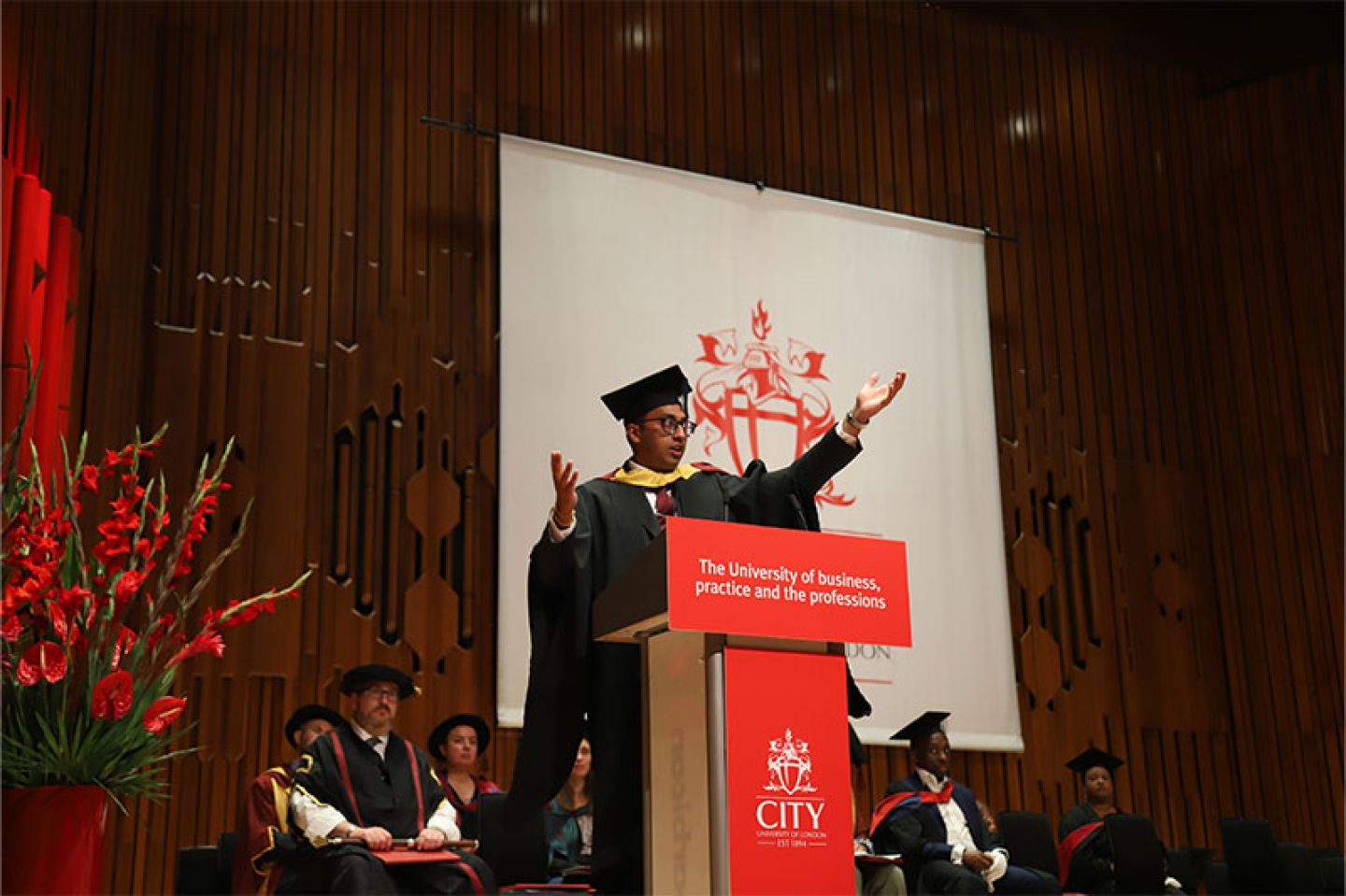Student speaker Kush Patel addresses fellow graduates