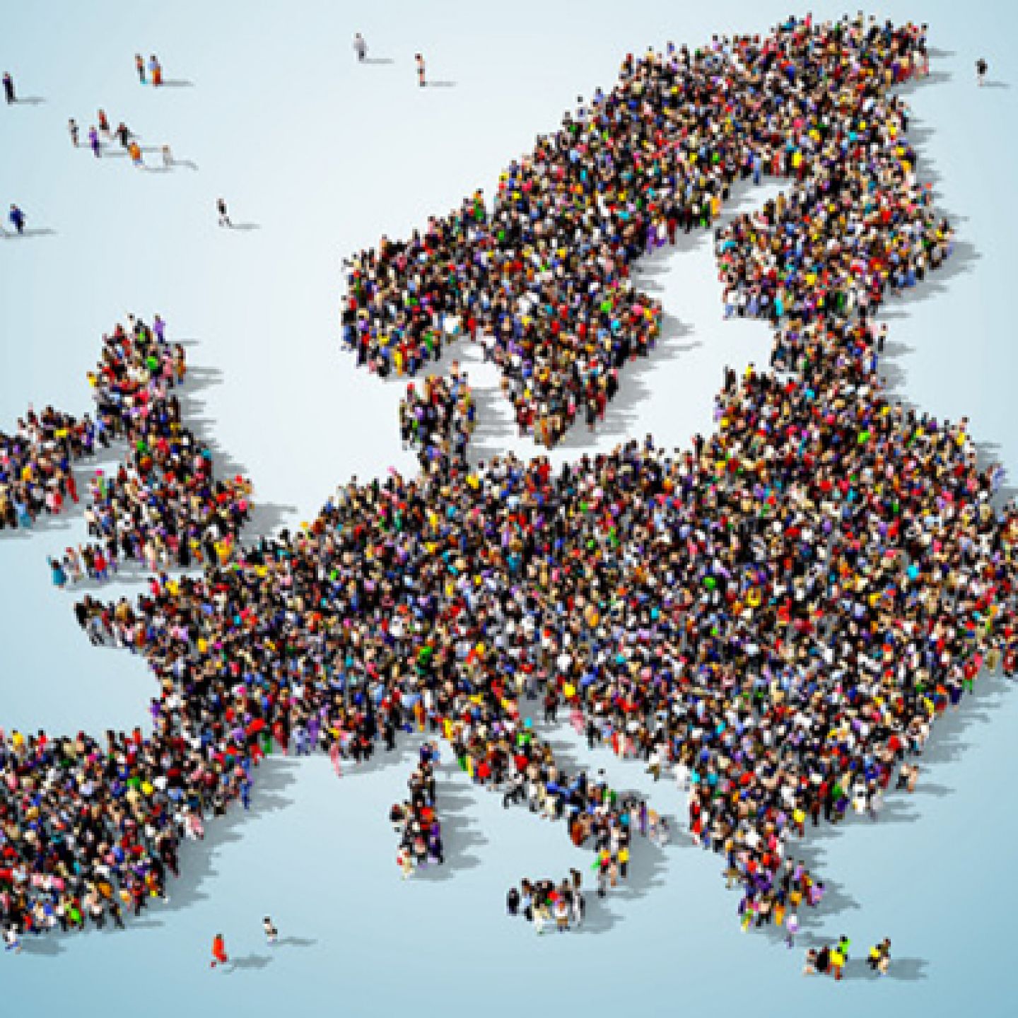 Illustration of a crowd of people forming a map of Europe.