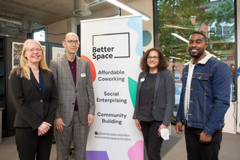 Picture of Catherine McClen (BuddyHub); Professor Anthony Finkelstein (City, University of London); Cllr Asima Shaikh (Islington Council) and Joel Davis (Tutors United) at the launch of Better Space affordable workspace