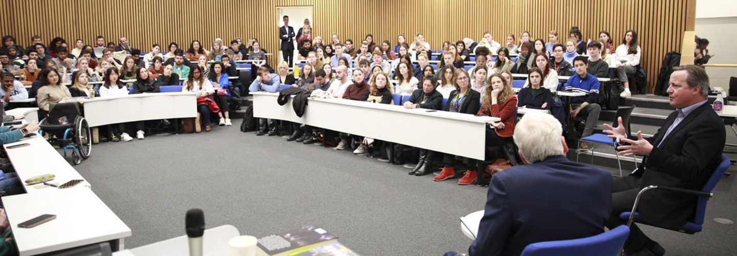 David Cameron speaks with a full auditorium of students