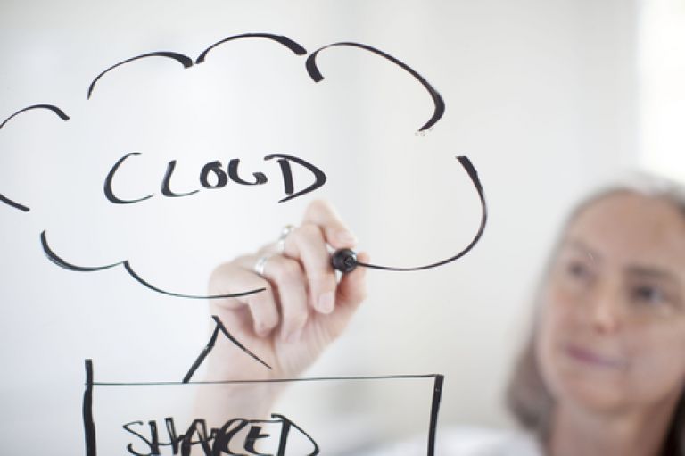 Image of a woman drawing a mindmap on a board - the words read 'cloud' and 'shared'